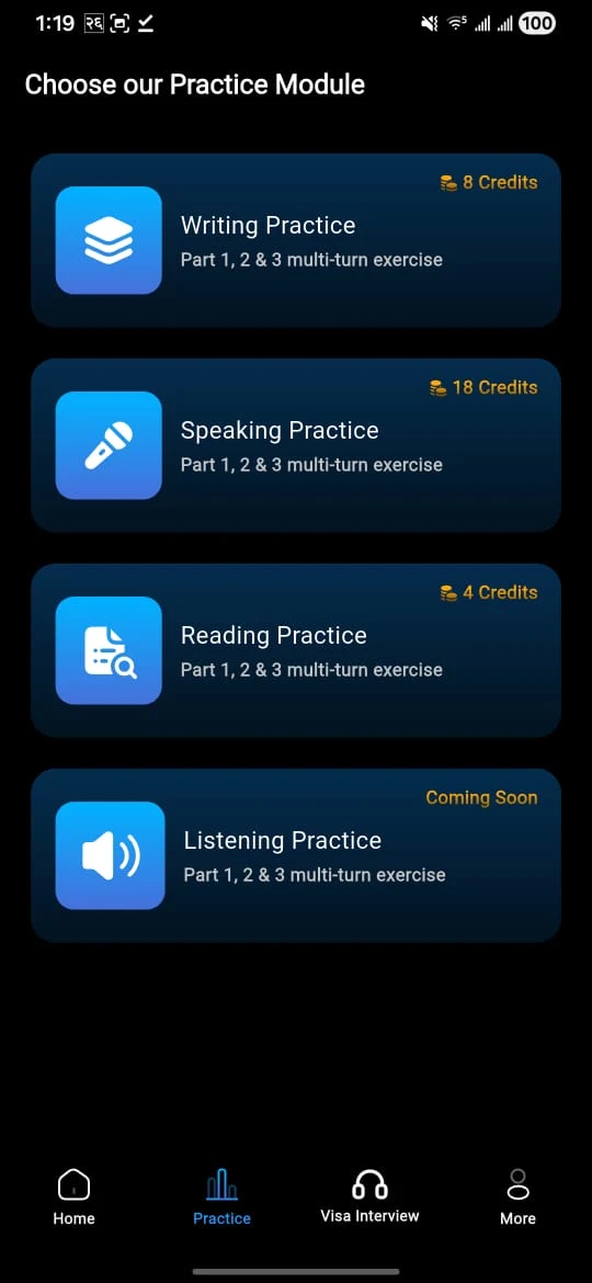 Voyage AI practice module selection, from its published app listing