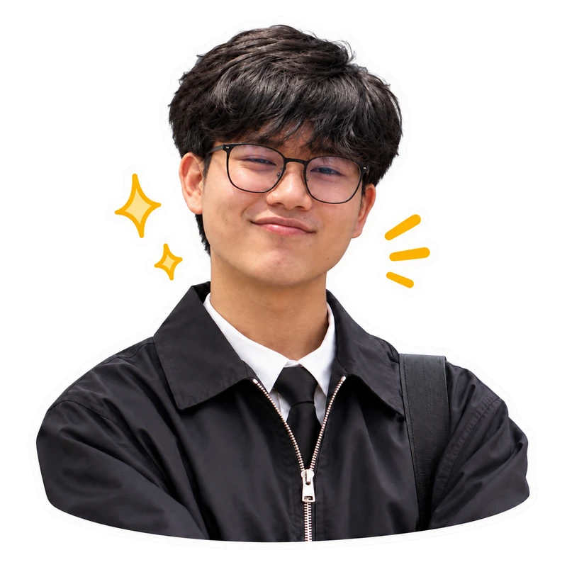 Pratik smiling confidently in his character sticker